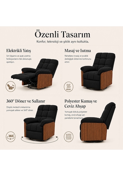 Smarto Relax Porto Tv Koltuğu Elektrikli Masajlı Isıtmalı Döner Sallanan Ahşap Yan Panelli Polyester Kumaş Baba Koltuğu Siyah