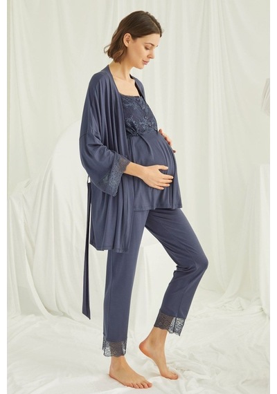 Burdagel Monamise Kadın Lacivert Hamile Lohusa Sabahlıklı Pijama Takım 182