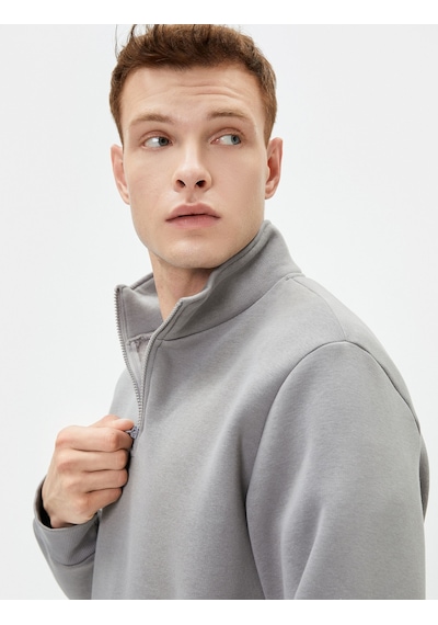 Koton Yarım Fermuarlı Sweatshirt Basic Dik Yaka Ribanalı Uzun Kollu Şardonlu Gri 4sam70002mk Gri