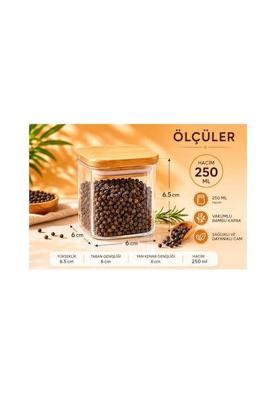 3'lü 250 Ml Bambu Kapaklı Borosilikat Cam Baharatlık Bambu Altlıklı Diğer