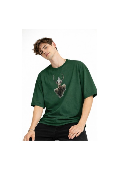 Misa Tahtakale Deer - Oversize Erkek Tişört Hakı Çok Renkli