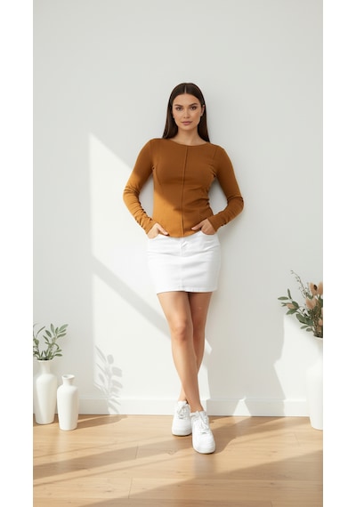 Divinus Kadın Slim Fit Pamuklu Uzun Kollu Bodysuit Taba