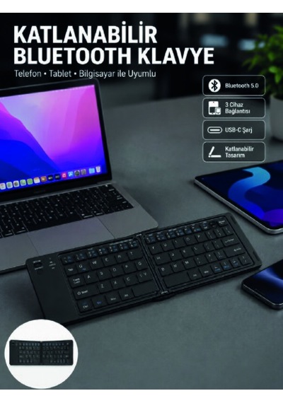 Katlanabilir Bluetooth Klye 3 Cihaz Bağlantılı Kablosuz Taşınabilir Klye