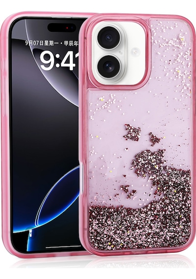 Apple, Uyumlu iPhone 16 Kılıf Sıvılı Simli Şeffaf Arka Yüzey Zore Keto Silikon Kapak Pembe