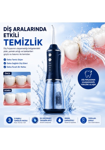 Coofbe Şarjlı Ağız Duşu Oral İrrigatör, 380 Ml, Ipx7 Su Geçirmez, 3 Temizleme Modu, 4 Başlıklı Taşınabilir Diş Temizleme Cihazı
