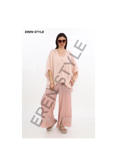 Eren Style İtalyan Fisto Paça Detaylı Keten Pantolon-9893 Pudra
