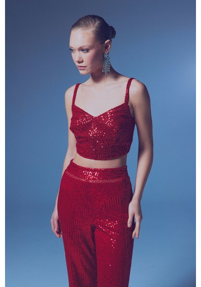 Sateen Kalın Askılı Payet Crop - Kırmızı-135341 Kırmızı