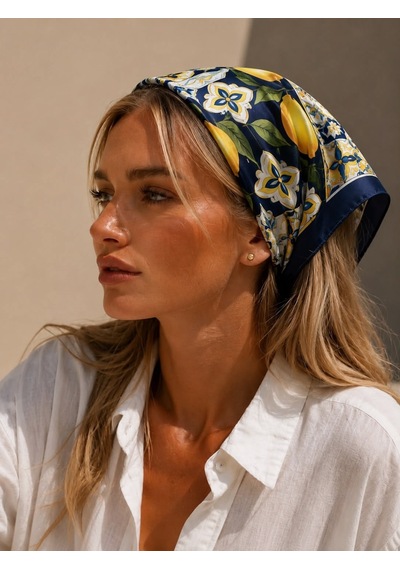 Kumru Studio Limon Desenli Lacivert Bandana Ve Fular Çok Renkli
