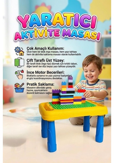 64 Parça 8 Renk Bloklu Yazı Tahtalı Depolama Alanlı Eğitici Oyuncak Aktivite Masası
