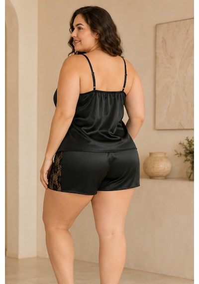 Loule Büyük Beden Siyah Dantel Yakalı Saten Şortlu Pijama Takımı