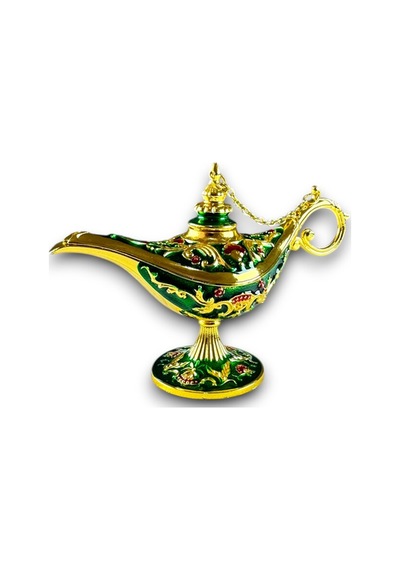 Aladdin Sihirli Lambası Renkli Işlemeli Dekoratif Biblo Alaattin Metal Çelik No:3 - 17x11 CM