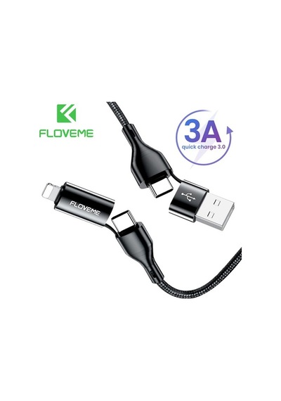 Floveme 4In1 Usb To Type C -Type To Type Kablosu+Apple iPhone Uyumlu Başlık U-Siyah