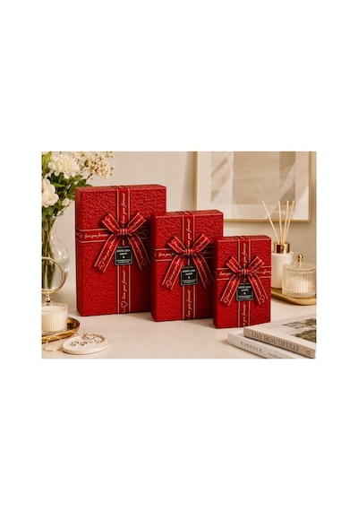 3 Lü Dikdörtgen Hediye Kutusu Seti Kırmızı Desenli Büyük Boy 16x23 Cm Orta Boy 14x21 Cm Küçük Boy 12x19 Cm Kapaklı Lüks Hediye Kutusu