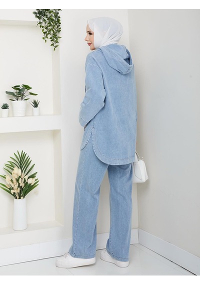 Hb Harma Time Butik Kadın Kapüşonlu Cepli Kot Mavi Tunik Pantolon Takım