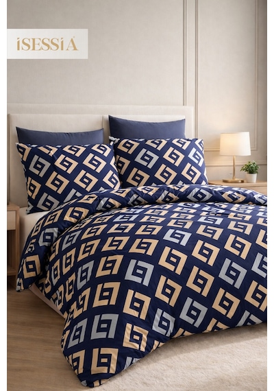 Mira Çift Kişilik Lastikli Çarşaflı Nevresim Takımı Lacivert - Motif