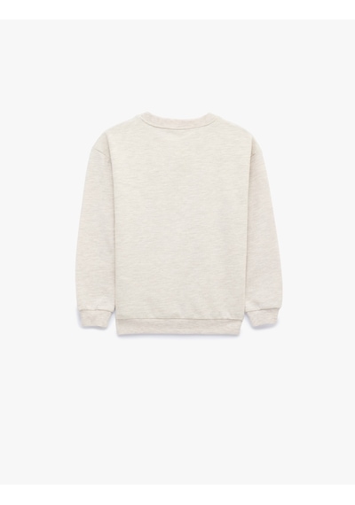 Koton Şardonlu Uzun Kollu Bisiklet Yaka Baskılı Oversize Sweatshirt Bej Melanj 7wmb10079tk
