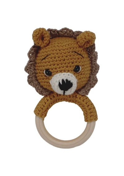 Amigurumi Sevimli Hardal Kahve Aslan Diş Kaşıyıcı Çıngıraklı Organik Oyuncak Çok Renkli
