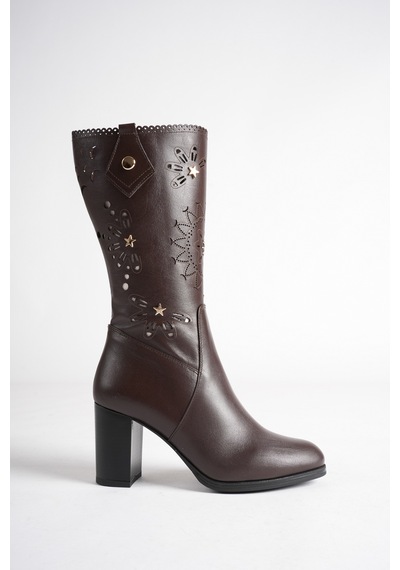 Analin Shoes Kadın Hakiki Deri Yıldız Ve Lazer Kesim Detaylı Topuklu Çizme Kahve