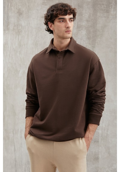 Grımelange John Erkek Polo Sweat Gömlek Yakalı Arkası Uzun Yırtmaçlı Diagonel Kumaşlı Koyu Kahverengi Sweatshir