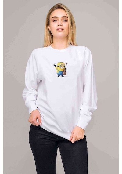 Minions Stuart Baskılı Beyaz Kadın Sweatshirt