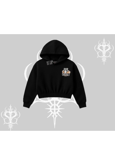 Need Coffee Right Meow Yazılı Kedi Baskılı Kapşonlu Crop Sweatshirt Siyah