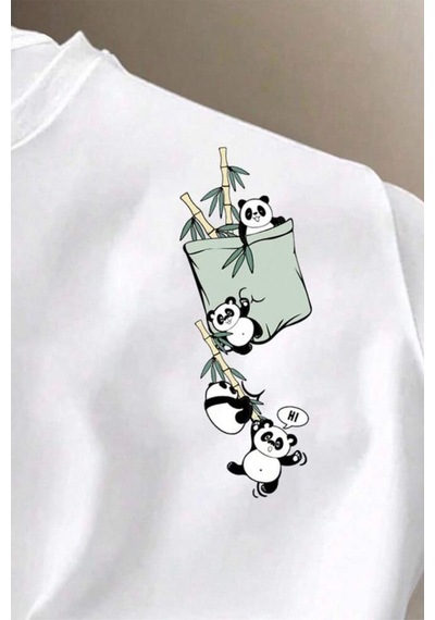 Bambu Panda Grafikli Cep Detaylı Kısa Kollu Oversize Unisex Bisiklet Yaka Tişört Beyaz