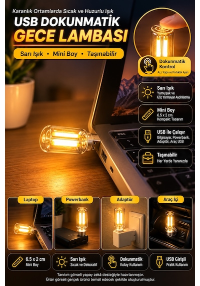 Usb Led Gece Lambası Sarı Işık Dokunmatik Mini Taşınabilir Lamba Laptop Powerbank Araç İçi 6,5 Cm 5v