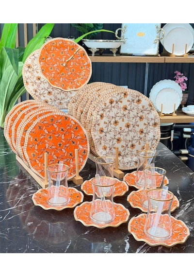 31 Parça Floral Gold Yaldızlı 6 Kişilik Pasta Çay Servis İkram Takımı-5826 Çok Renkli