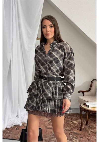 Neşeli Butik Kadın Siyah Gömlek Yaka Kat Kat Ekose Desen Mini Elbise Nbnp025 Siyah