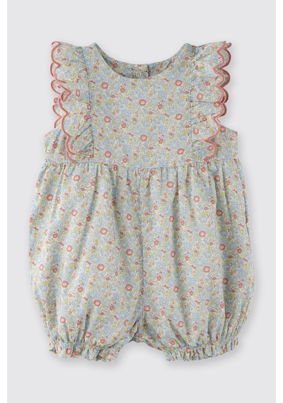 Panço Liberty Kumaş Çiçek Desenli Kolları Fırfır Detaylı Yenidoğan Tulum Mavi 5611GN30003
