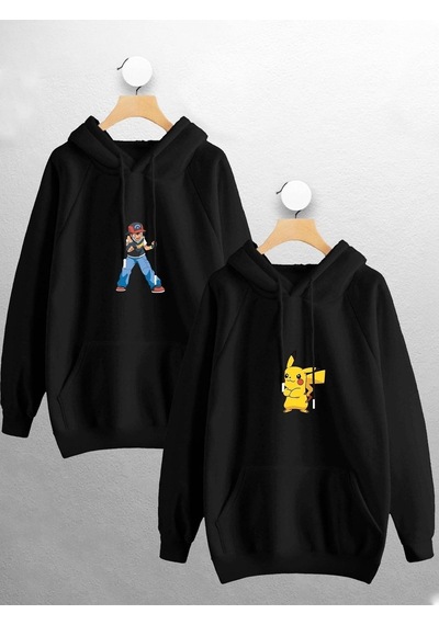 Macklin Sevgili Çift Kombini Ash Pikachu Baskılı Tasarım Kapüşonlu Sweatshirt 2'li Set Takım Siyah Mck0945 Siyah
