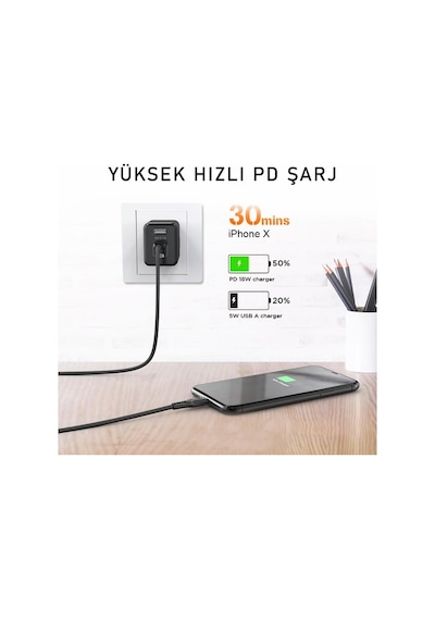 Novoo Type-C Apple iPhone Uyumlu Lightning Hızlı Şarj Kablosu - 1.8 Metre