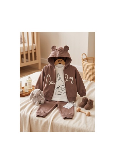 Deniva Kids Erkek Bebek Kulaklı Kapüşonlu Fermuarlı Hırka Tavşan Baskılı Sweatshirt Ve Eşofman Altı 3'lü Takım Kahverengi Deniva Kids Erkek Bebek Kulaklı Kapüşonlu Fermuarlı Hırka Tavşan Baskılı Sweatshirt Ve Eşofman Altı 3'lü Takım Kahverengi