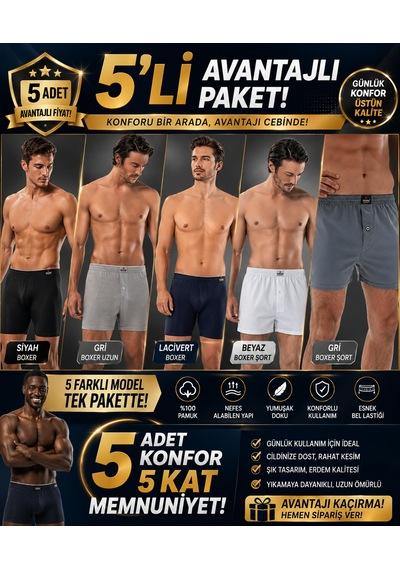Erdem Erkek Karışık 5 Adet Penye Boxer- 1400 Siyah
