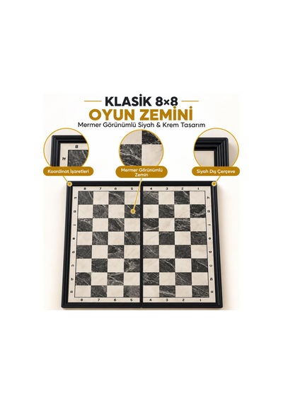 Manyetik Satranç Takımı 24x24 Cm Katlanabilir Taşınabilir Mermer Desenli Satranç Seti