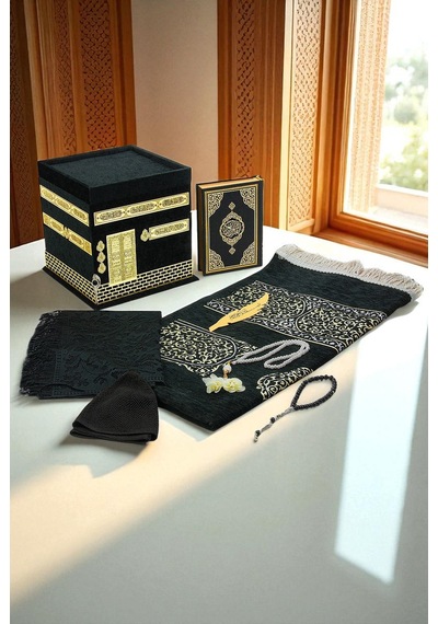 Kabe Maketli Medine Hatlı Kuranı Kerim, Tesbih, Şal Ve Seccade Hediyelik Set - Siyah