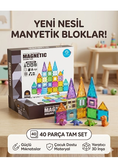 Manyetik Yapı Blokları Çocuklar İçin 3 Boyutlu Renkli Mıknatıslı 40 Parça Manyetik Blok Oyun Set