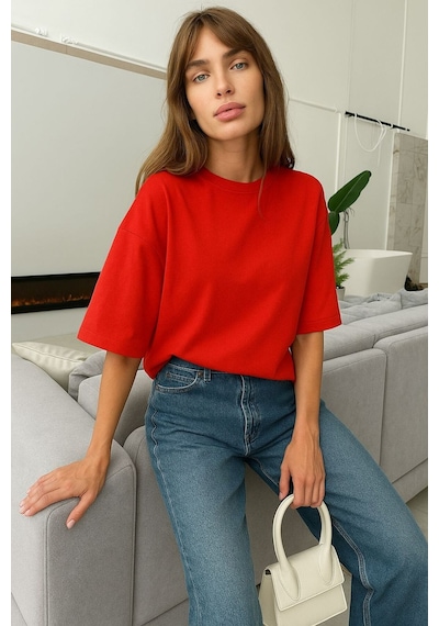 Düz Oversize Unisex Tişört Yb5 Kirmizi