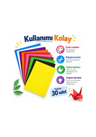 30 Adet A4 Renkli Elişi Kağıdı 10 Farklı Canlı Renk, Her Renkten 3 Adet 21 X 29,7 Cm 80 Gr Kesme, Katlama, Hobi, Okul Ve Sanat Etkinlikleri İçin