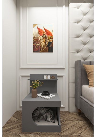 Kedi Evi Komodin,pet Komodin,yıkanabilir Minderli,antrasit Gri