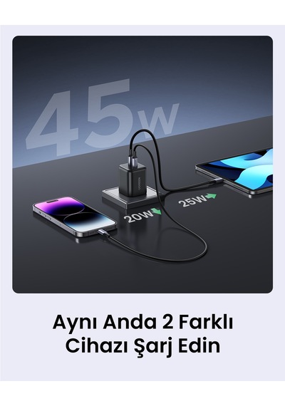 Ugreen 45w Gan Hızlı Şarj Cihazı Type-c Qc Pd 2xusb-c, Siyah, 65058