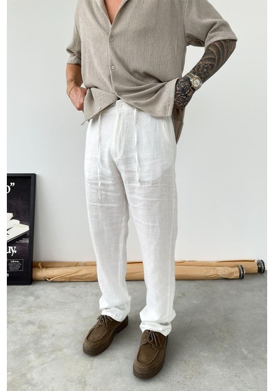 Beyaz Basic Baggy Keten Pantolon