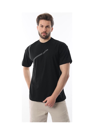 Madmext Siyah Bisiklet Yaka Şerit Detaylı Pamuklu Erkek T-shirt E7033 Siyah