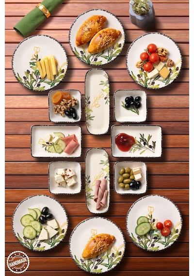 14 Parça 6 Kişilik Handmade Zeytin Kahvaltı Takımı - Lüx Kahvaltılık Sunum Seti Yeşil