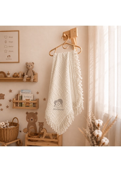 Minimoms %100 Pamuk 4 Katlı Müslin Bebek - Çocuk Battaniyesi 100x120 CM Yumuşak Yenidoğan Kız ve Erkek Bebek Örtüsü Ekru