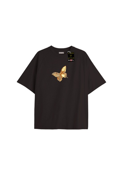Flood Of Style Siyah Oversize T-shirt Sarı Kelebek Özel Tasarım
