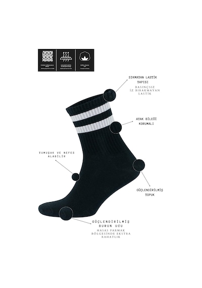 Kral Socks Erkek Kadın 12 Çift Çizgili Kolej Tenis Çorabı Pamuklu Terletmez Çorap Siyah