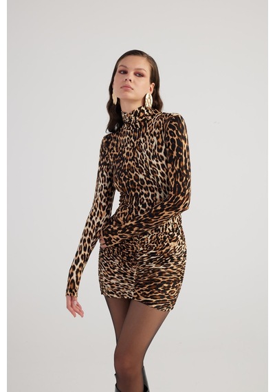 Holly Lolly Leopar Desenli Balıkçı Yaka Mini Britney Elbise Kahve