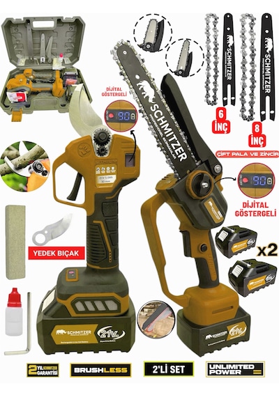 Schmıtzer 2budama-t Pro Set 21v Çelik Şanzuman 2 Pala Ve Zincir Şarjlı Dal Ağaç Kesme Bağ Budama Makas Testere