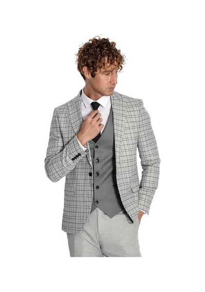 Wessi Gri Yelekli Slim Fit Ekose Açık Gri Erkek Takım Elbise Açık Gri